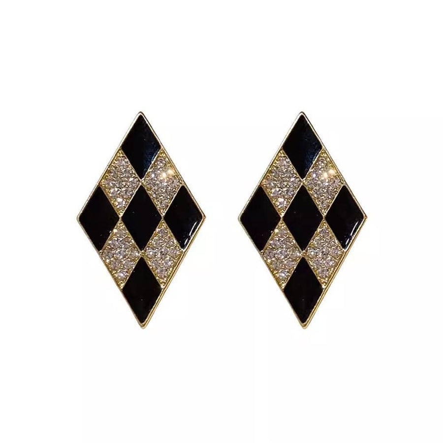 Vintage Style Earrings - Black and Gold Diamond Shape with Crystals