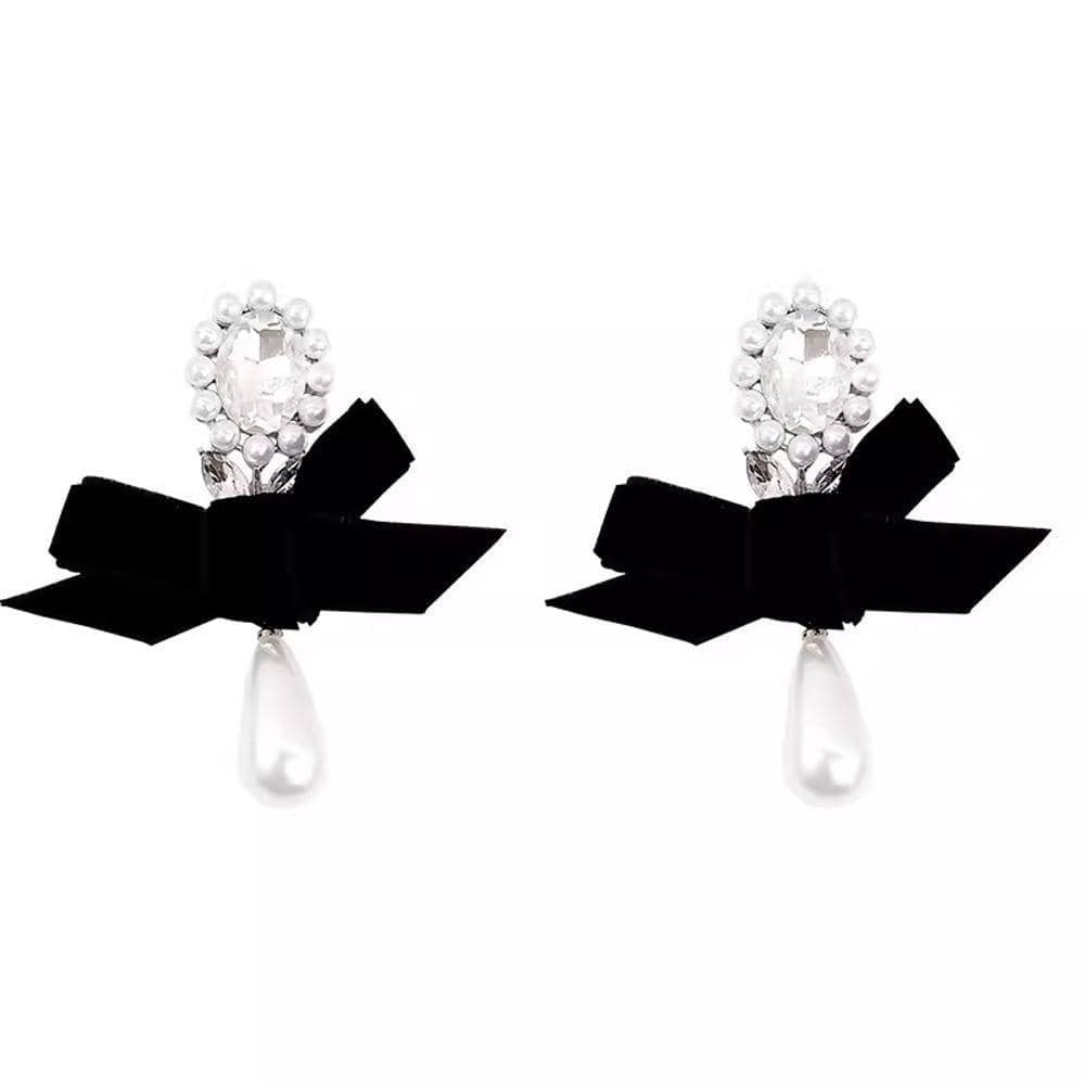 Vintage Style Earrings - Black Velvet Bow with Pearl Drop