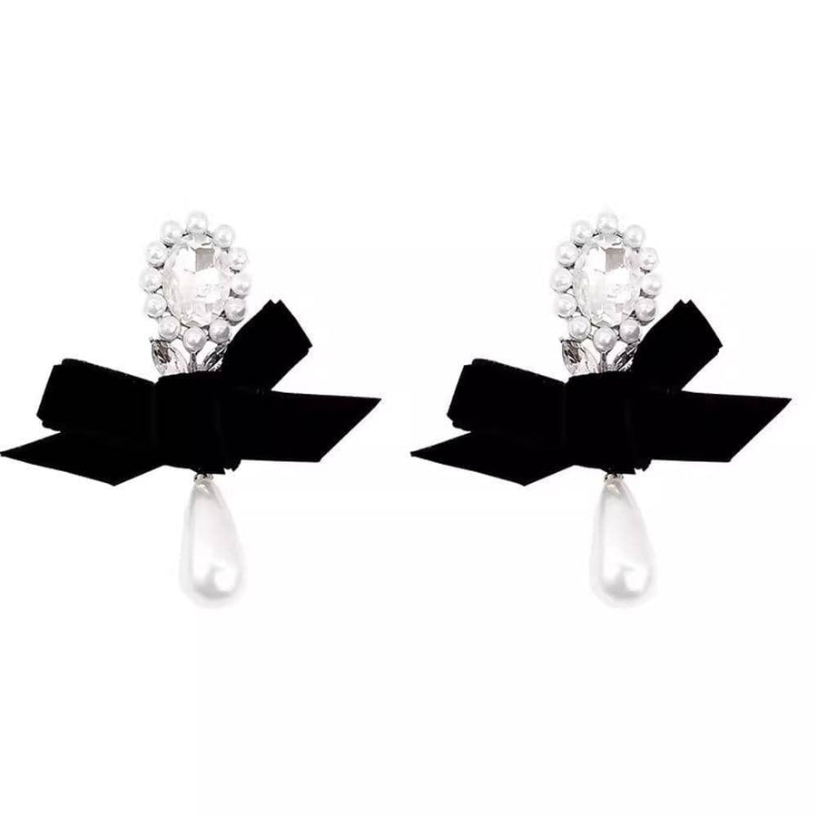 Vintage Style Earrings - Black Velvet Bow with Pearl Drop