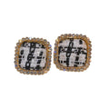 Vintage Style Stud Earrings - Black and White Tweed Square with Crystal Edge