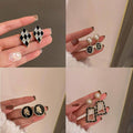 Vintage Style Stud Earrings - Black and White Tweed Square with Crystal Edge - view 5