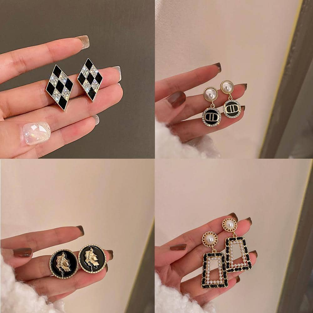 Vintage Style Stud Earrings - Black and White Tweed Square with Crystal Edge - view 5