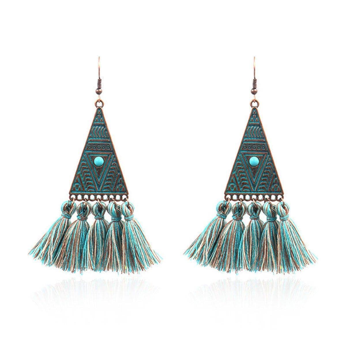 Vintage Tassel Dangle Earrings - Carved Triangle with Five Tassels
