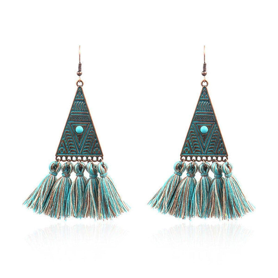 Vintage Tassel Dangle Earrings - Carved Triangle with Five Tassels