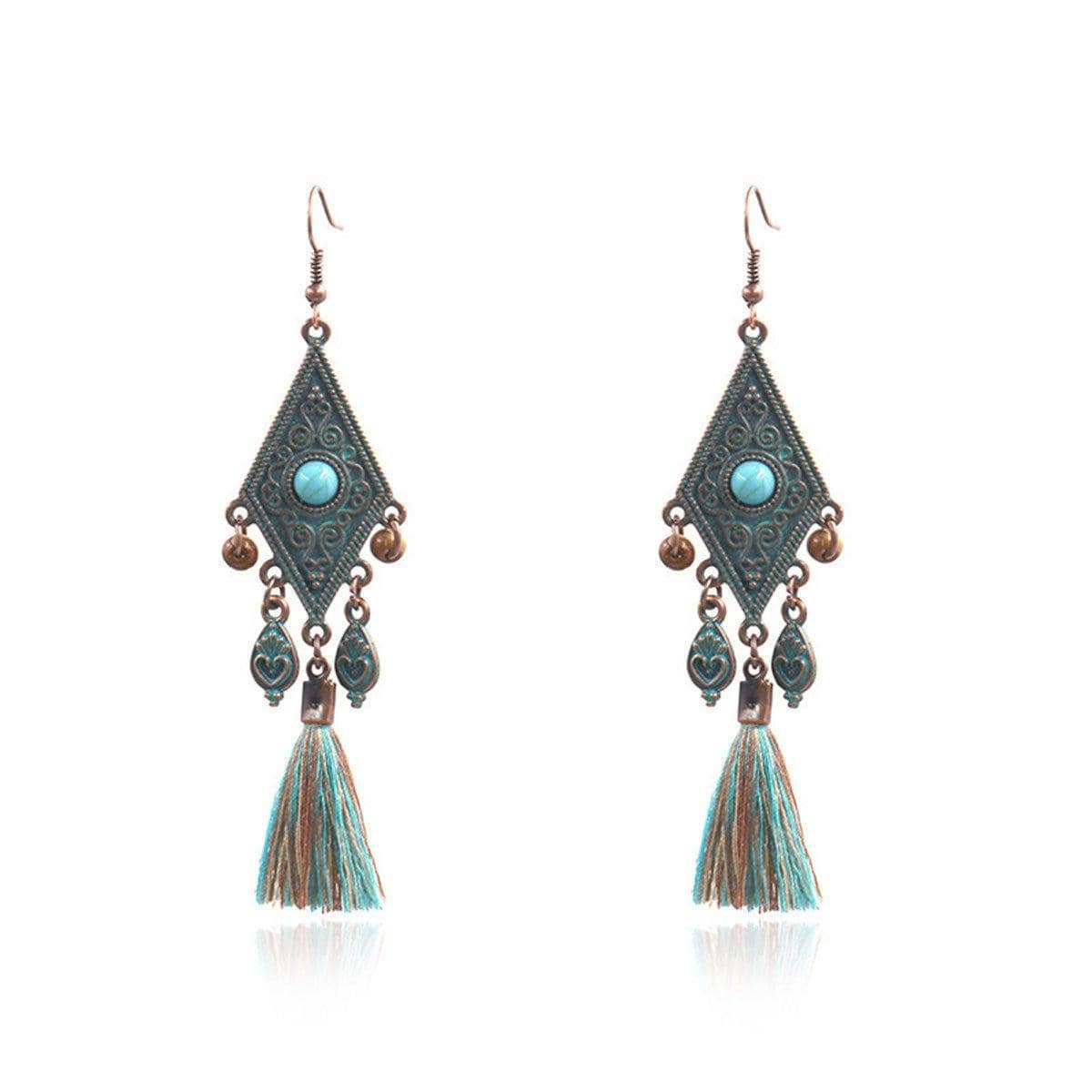 Vintage Tassel Dangle Earrings - Diamond Shape with Turquoise Stone