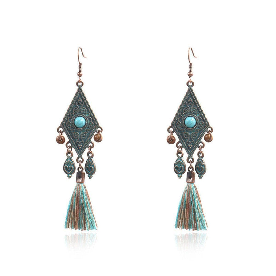 Vintage Tassel Dangle Earrings - Diamond Shape with Turquoise Stone