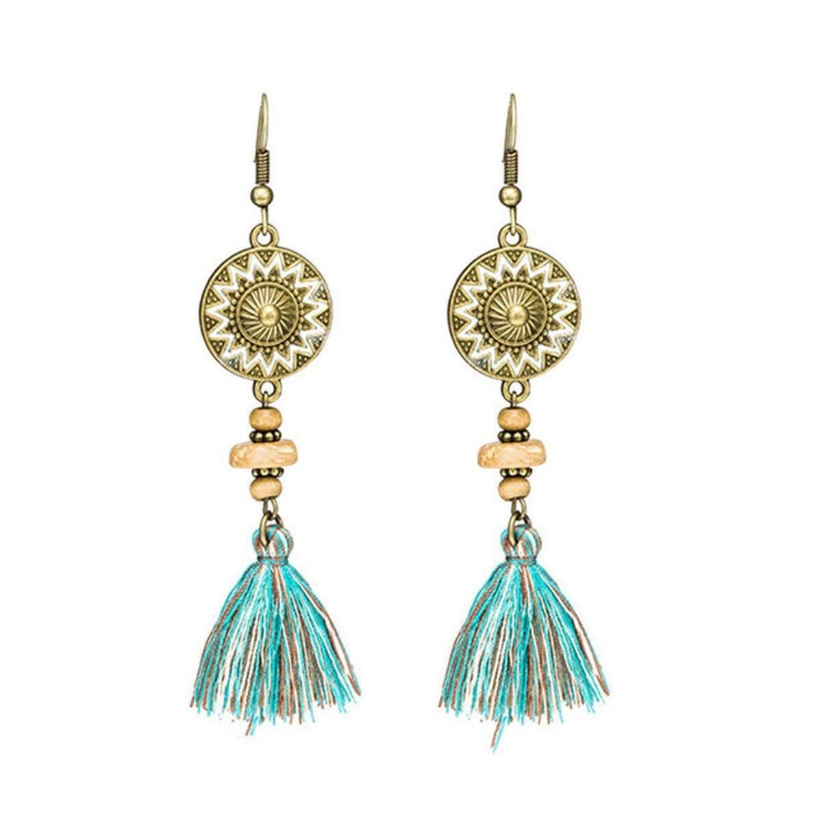 Vintage Tassel Dangle Earrings - Gold Sun Disc with Wooden Beads