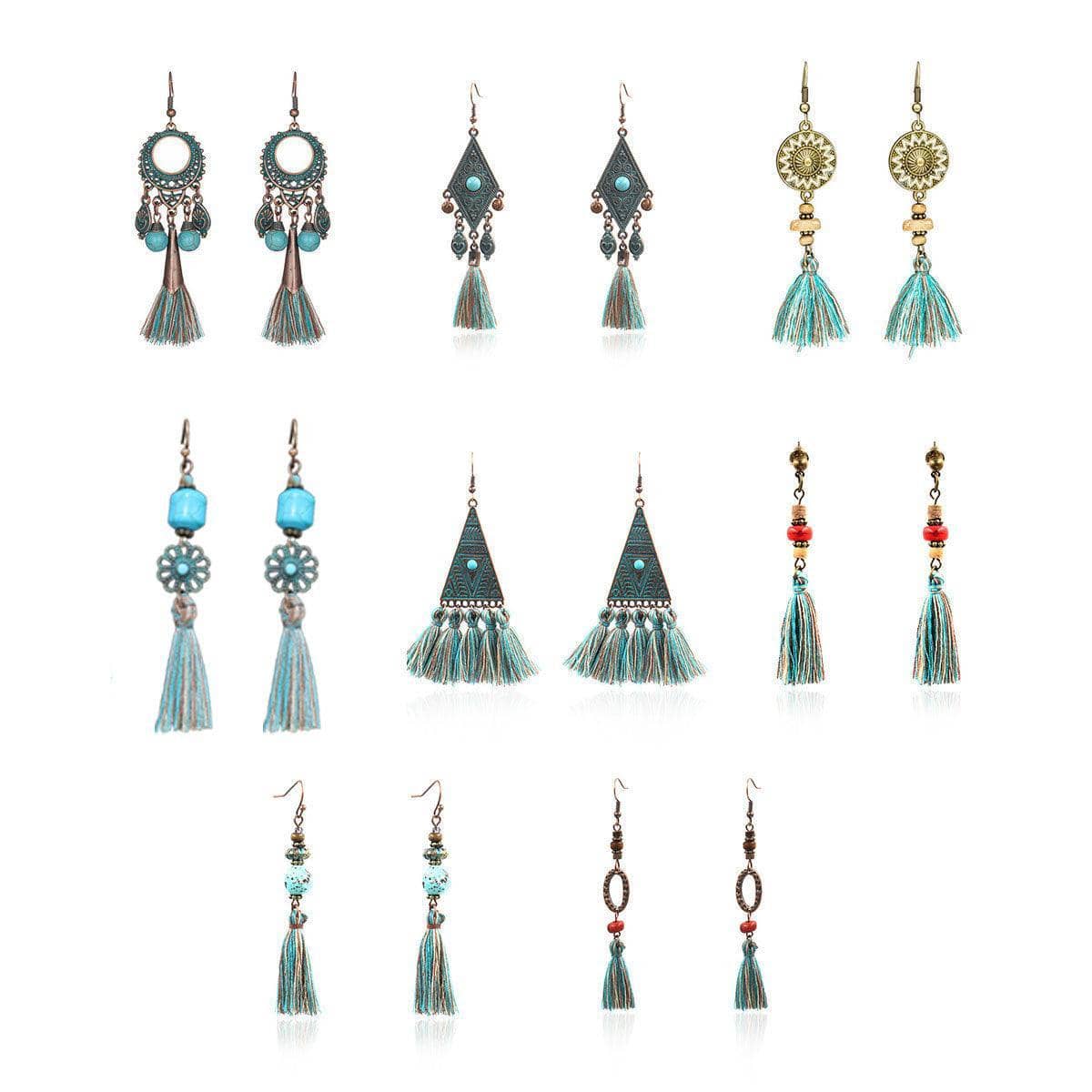 Vintage Tassel Dangle Earrings - Turquoise Bead and Flower Link - view 2