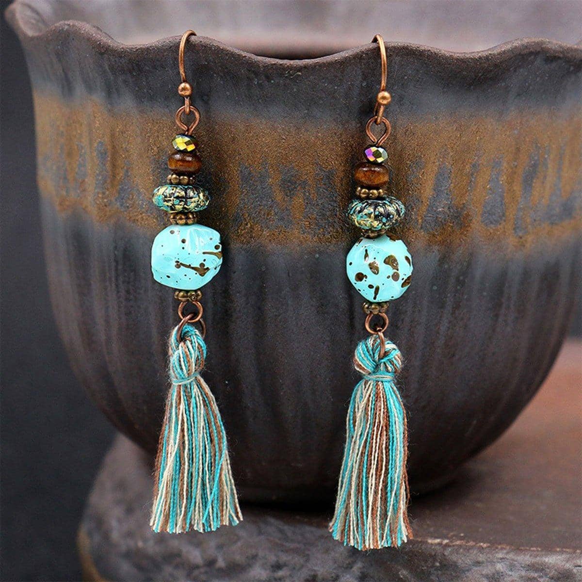 Vintage Tassel Dangle Earrings - Turquoise Bead and Flower Link - view 5