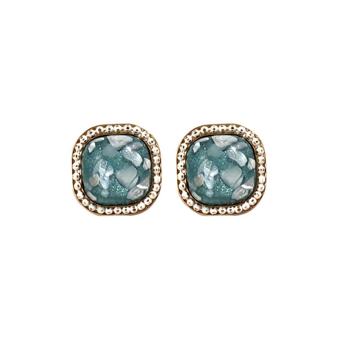 Vintage Teal Square Geometric Stud Earrings with Crushed Shell - view 2