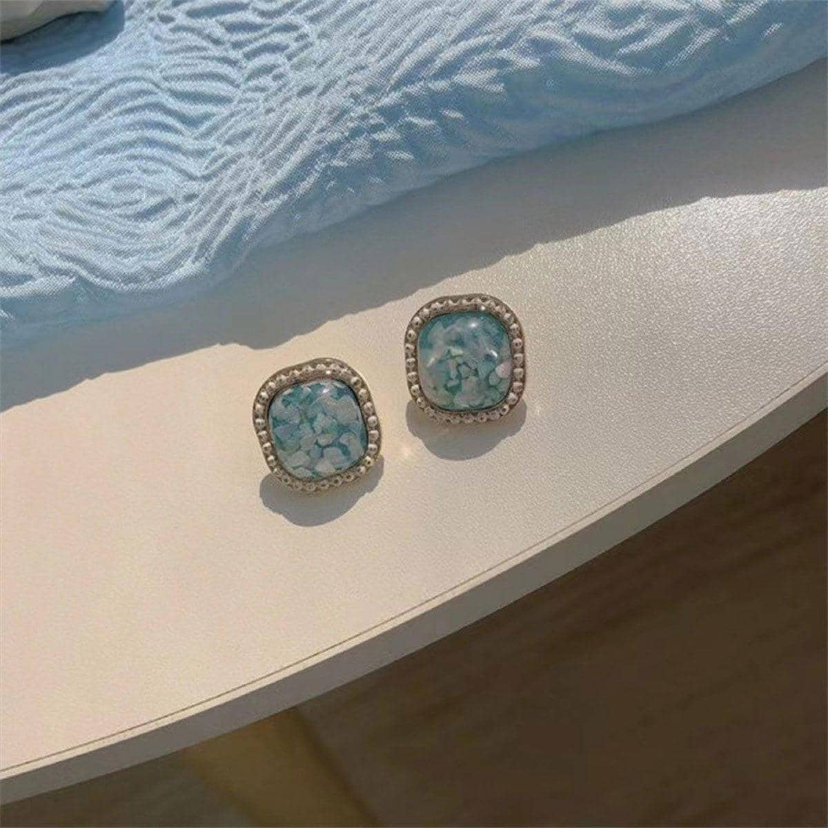 Vintage Teal Square Geometric Stud Earrings with Crushed Shell - view 5