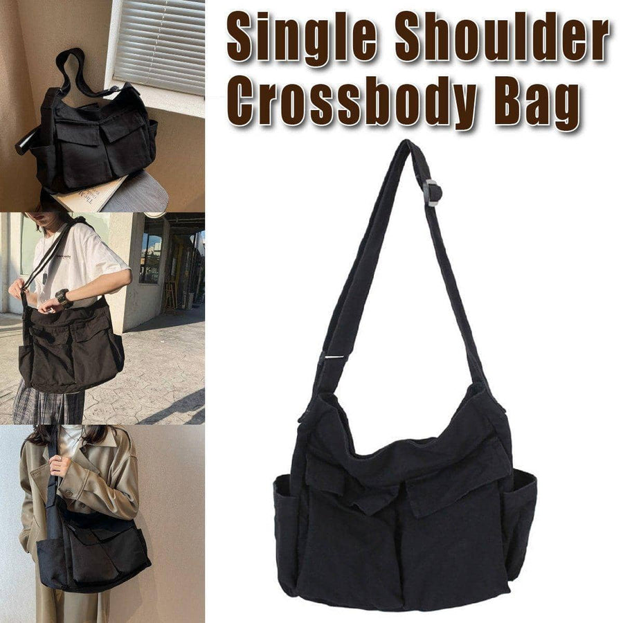 Vintage Tooling Style Canvas Crossbody Shoulder Bag with Multiple Pockets, Black
