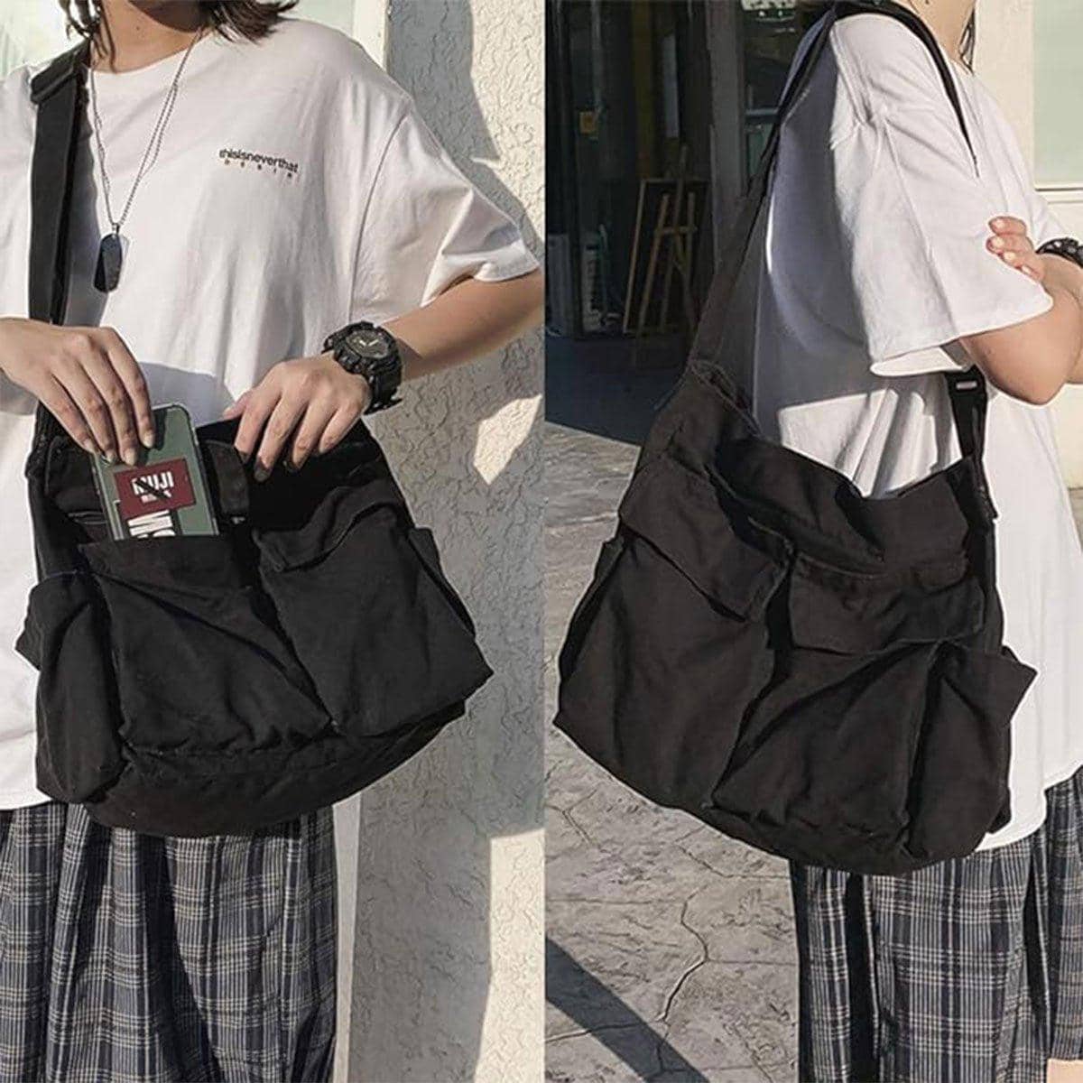 Vintage Tooling Style Canvas Crossbody Shoulder Bag with Multiple Pockets, Black - view 4