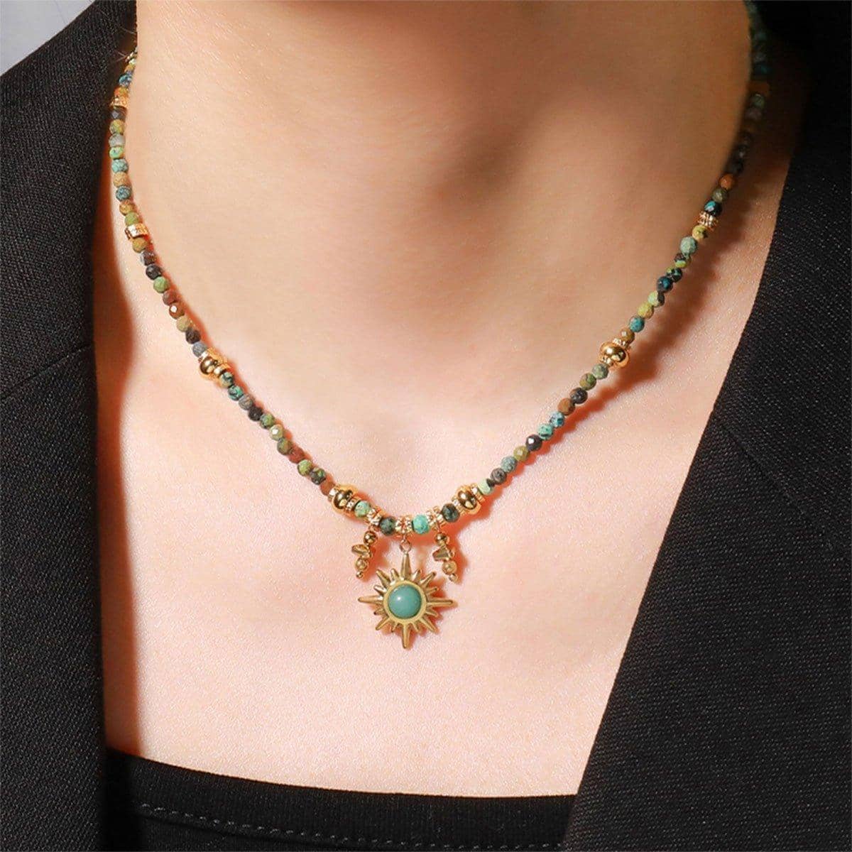 Vintage Turquoise Sun Pendant Beaded Necklace for Women - view 5