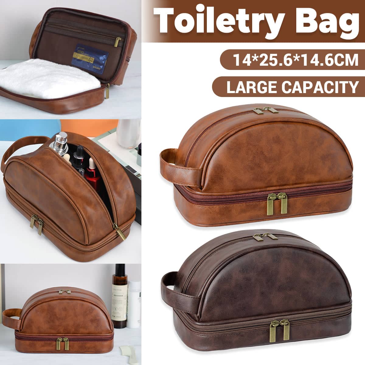 Vintage Waterproof Toiletry Bag with PU Leather Exterior for Travel and Daily Use - Brown - view 2