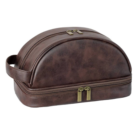 Vintage Waterproof Toiletry Bag with PU Leather Exterior for Travel and Daily Use - Dark Brown