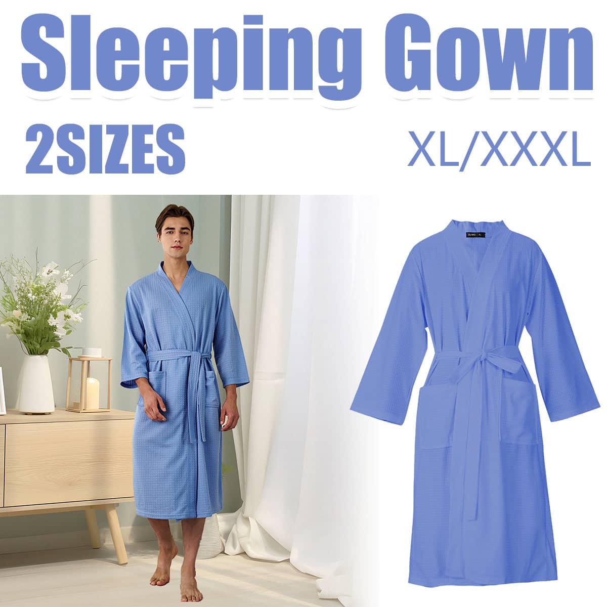 Waffle Spring Summer Couple Bathrobe Men Women Bath Gown Breathable - XXXL, Blue - view 2