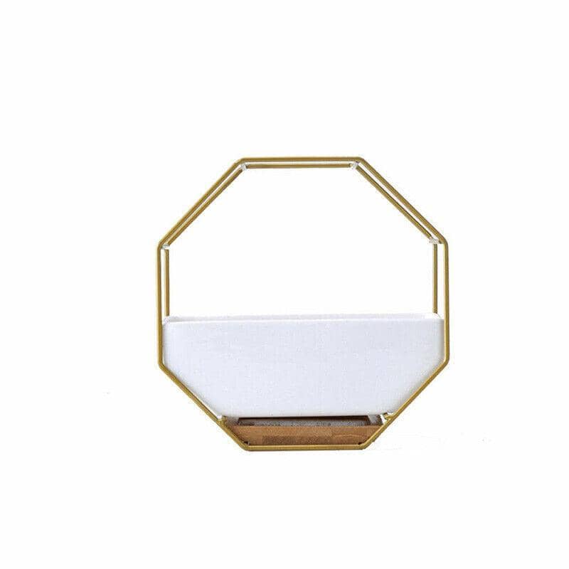 Wall Hanging Ceramic Planter with Octagonal Metal Frame - Gold