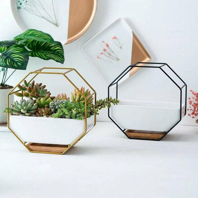 Wall Hanging Ceramic Planter with Octagonal Metal Frame - Gold - view 4