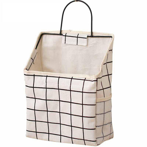 Wall Hanging Storage Bag Organiser for Books and Phones - White Grid