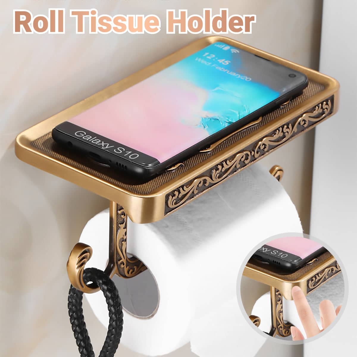 Wall Mounted Aluminium Toilet Roll Holder with Phone Shelf - Antique Brass