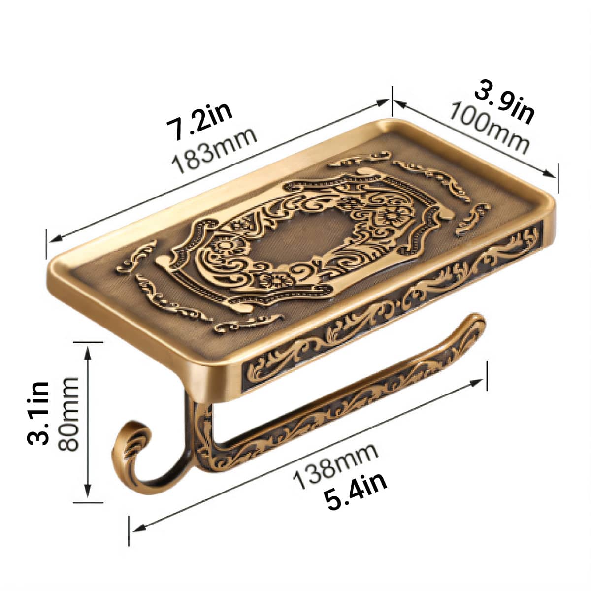 Wall Mounted Aluminium Toilet Roll Holder with Phone Shelf - Antique Brass - view 3
