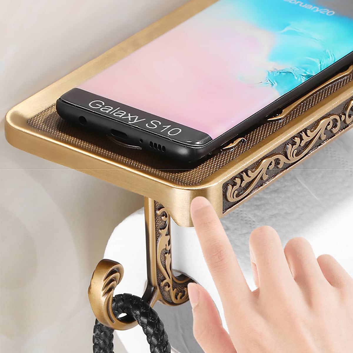 Wall Mounted Aluminium Toilet Roll Holder with Phone Shelf - Antique Brass - view 4