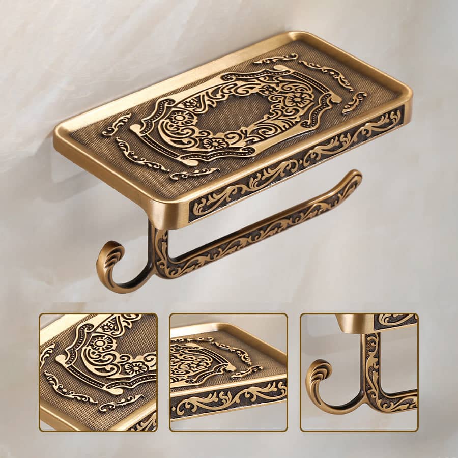 Wall Mounted Aluminium Toilet Roll Holder with Phone Shelf - Antique Brass - view 5
