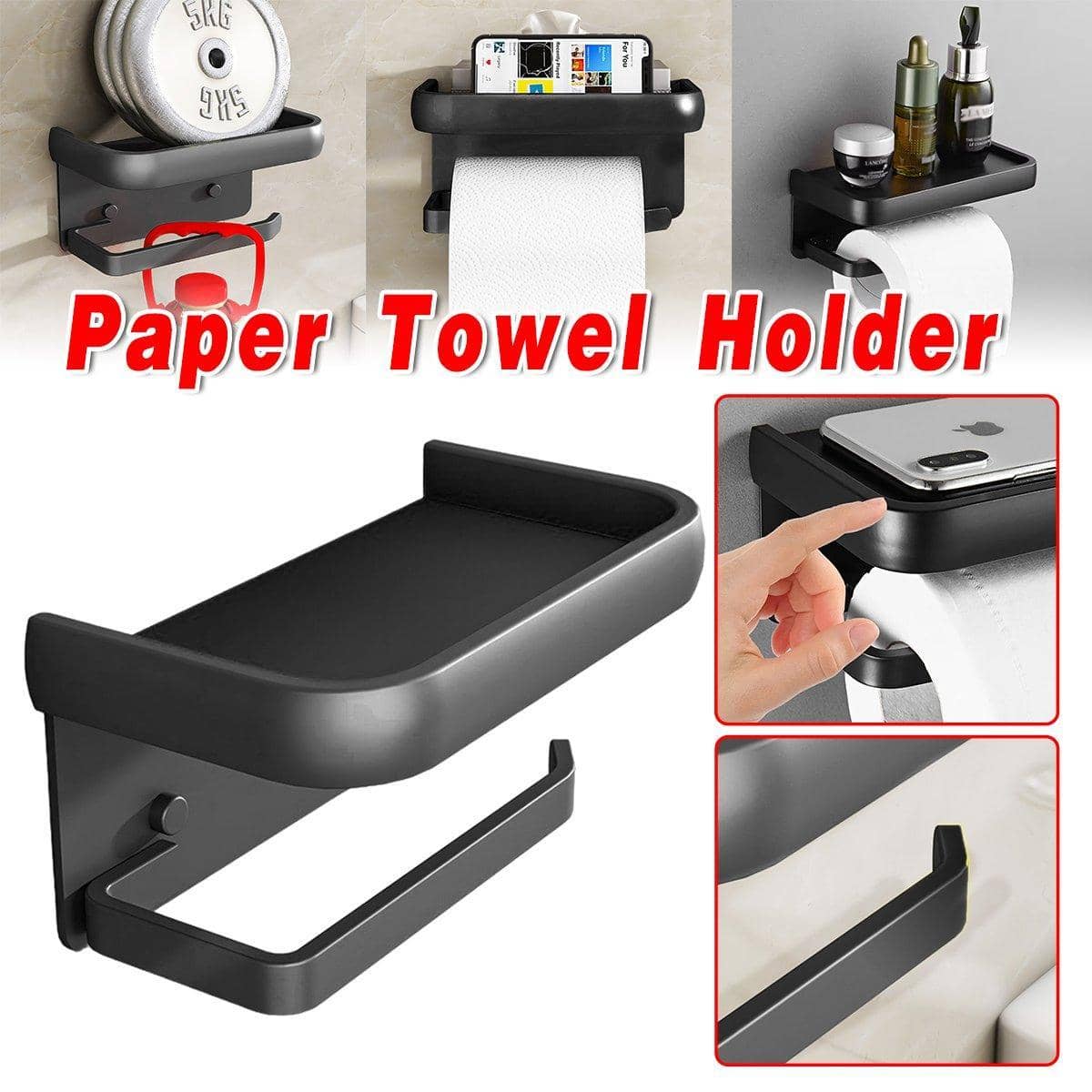 Wall Mounted Bathroom Paper Towel Holder with Top Shelf, Self-Adhesive