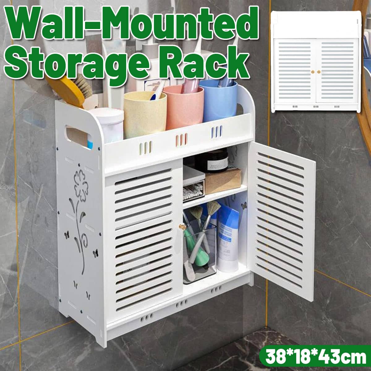Wall Mounted Bathroom Skin Care Storage Rack with Double Doors, No Drill, White