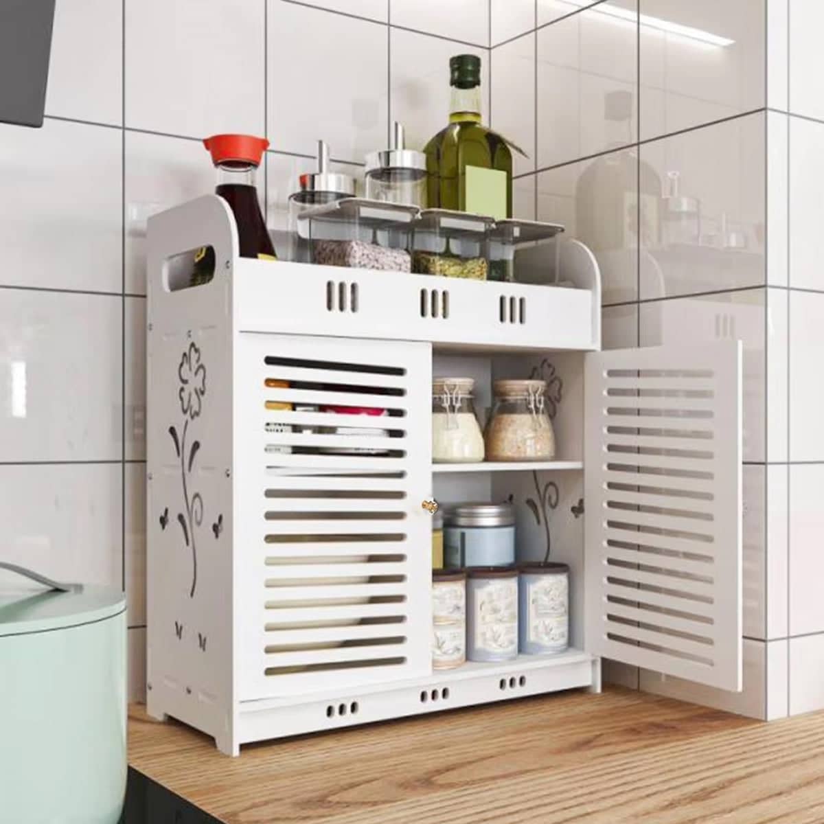 Wall Mounted Bathroom Skin Care Storage Rack with Double Doors, No Drill, White - view 4