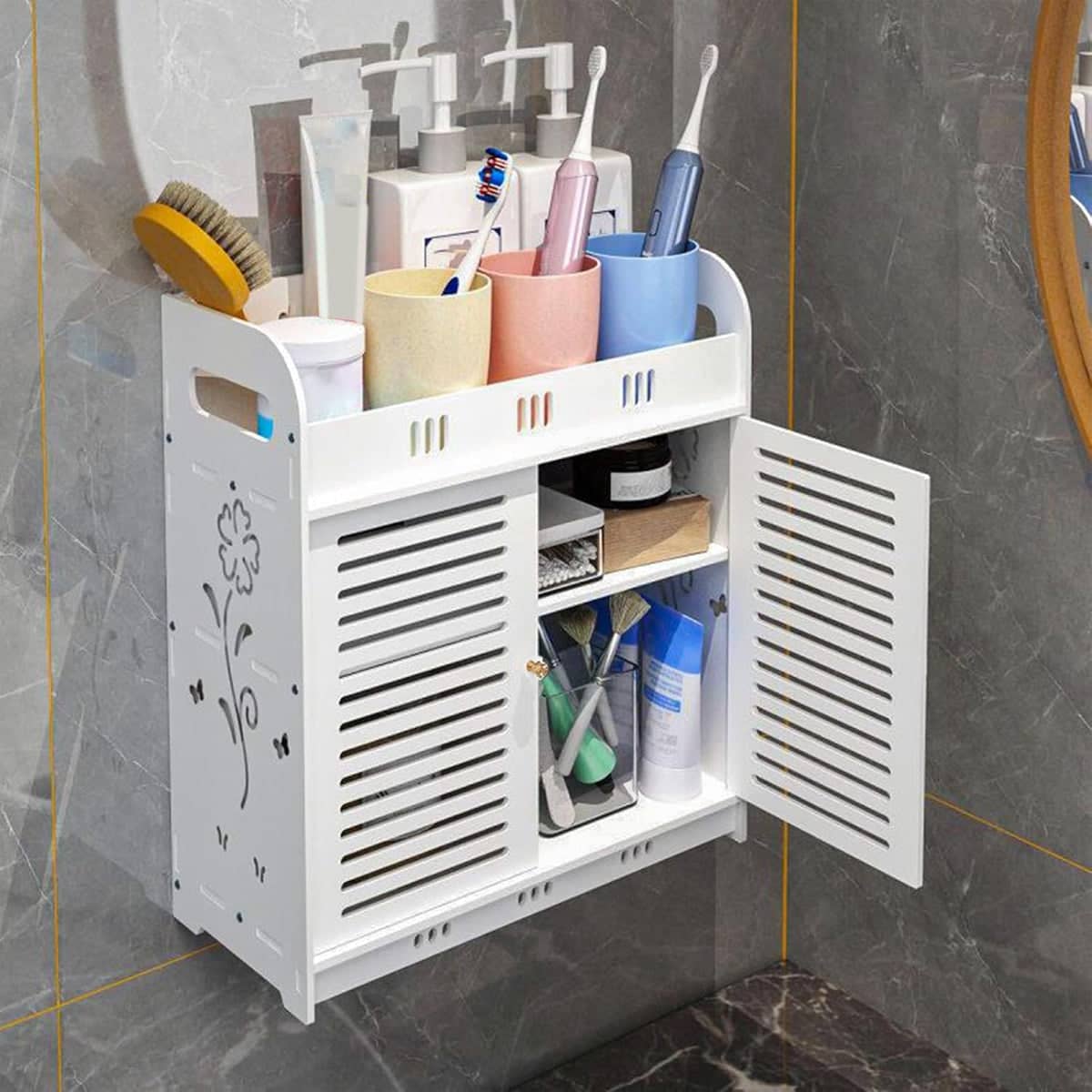 Wall Mounted Bathroom Skin Care Storage Rack with Double Doors, No Drill, White - view 5