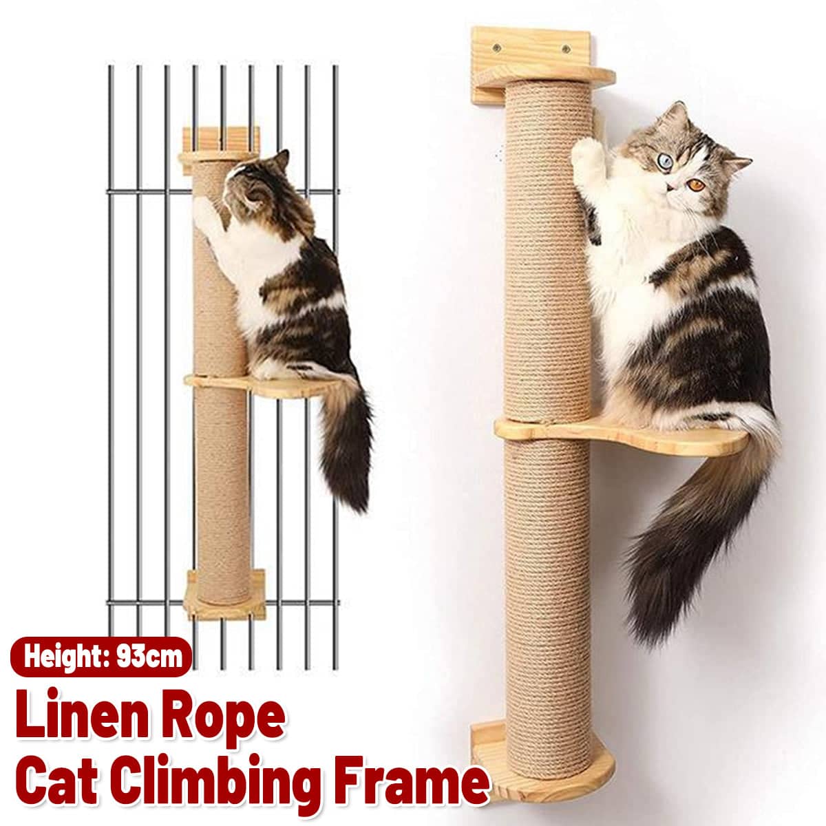 Wall Mounted Cat Climbing Frame with Rope Scratching Post, 93 cm Tall