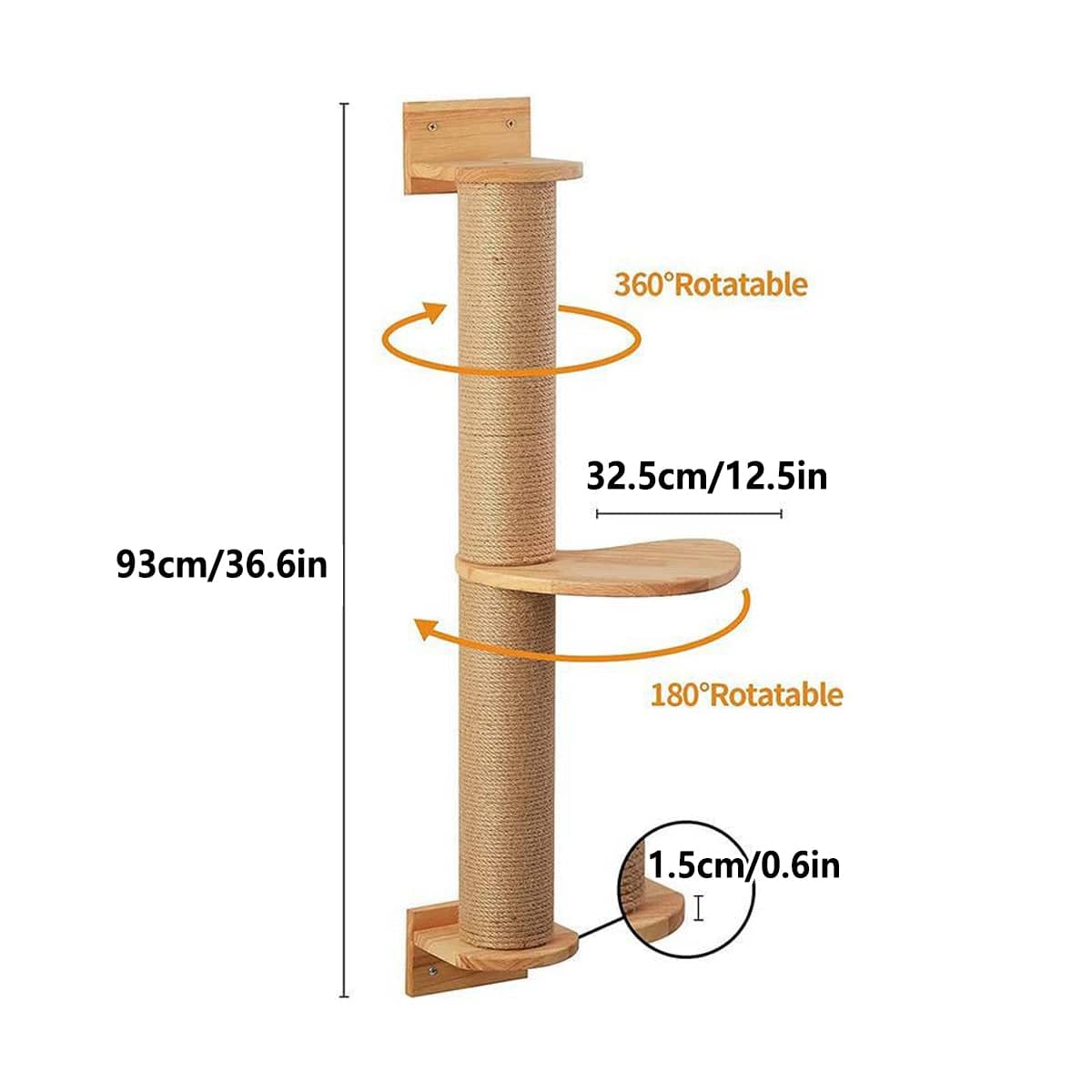Wall Mounted Cat Climbing Frame with Rope Scratching Post, 93 cm Tall - view 3