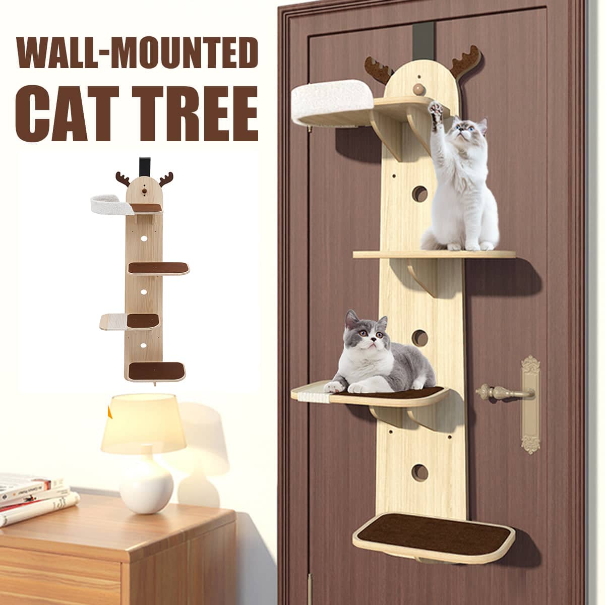 Wall Mounted Cat Climbing Frame with Sisal Scratch Board - Light Wood, Brown and White