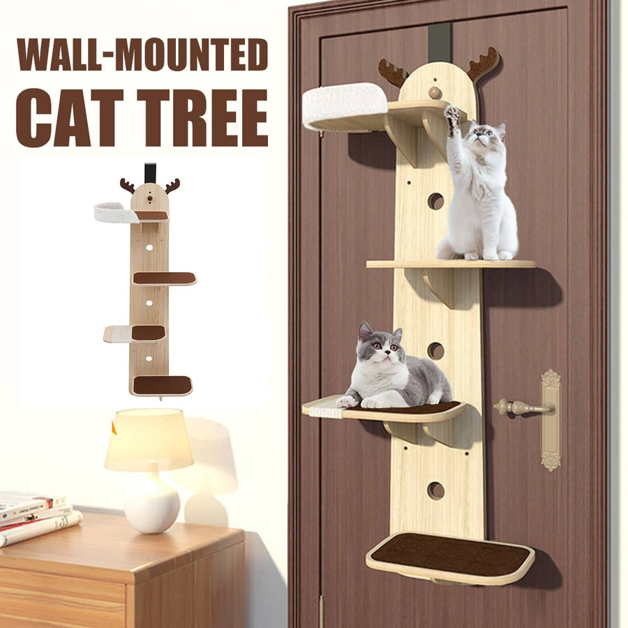 Wall Mounted Cat Climbing Frame with Sisal Scratch Board - Light Wood, Brown and White