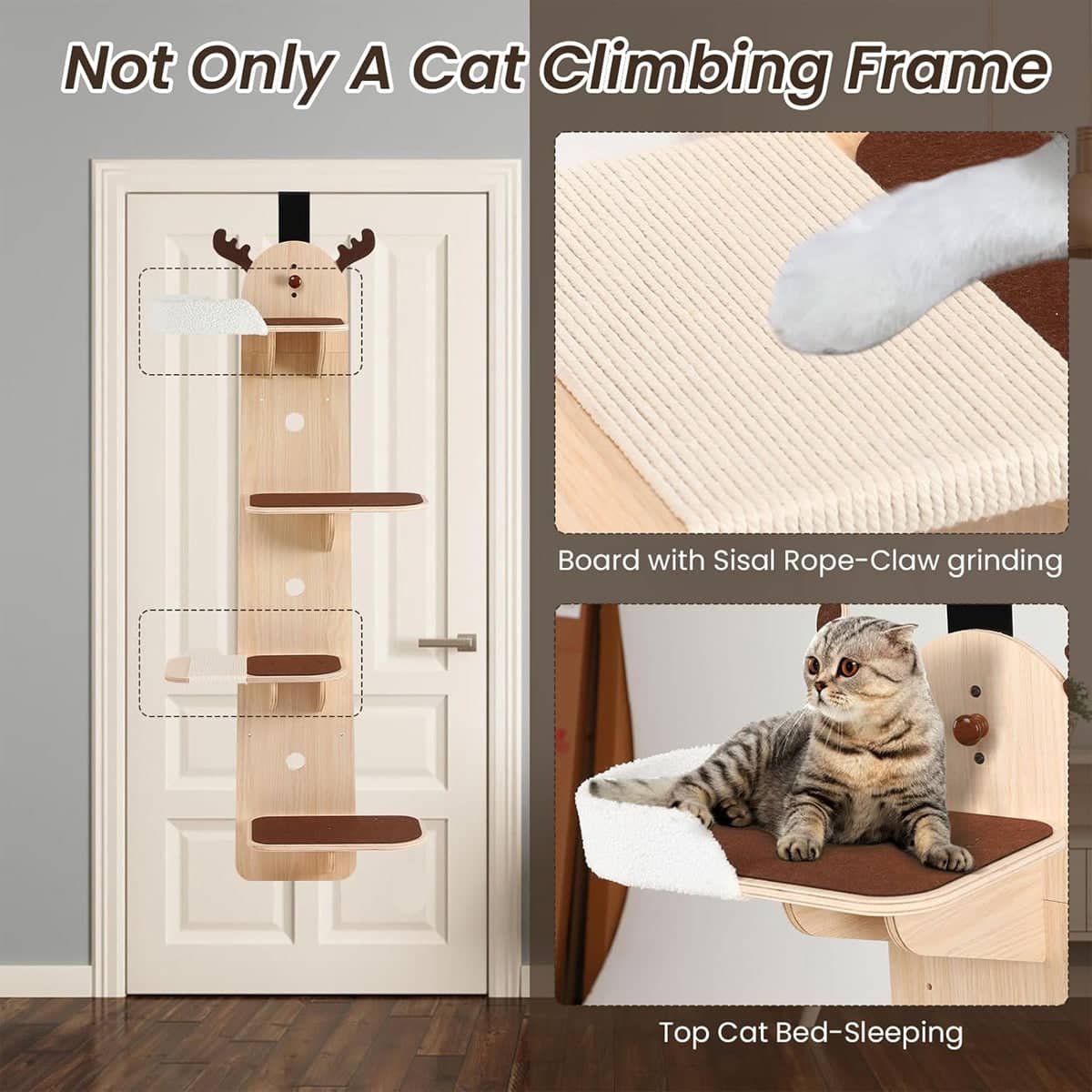 Wall Mounted Cat Climbing Frame with Sisal Scratch Board - Light Wood, Brown and White - view 5