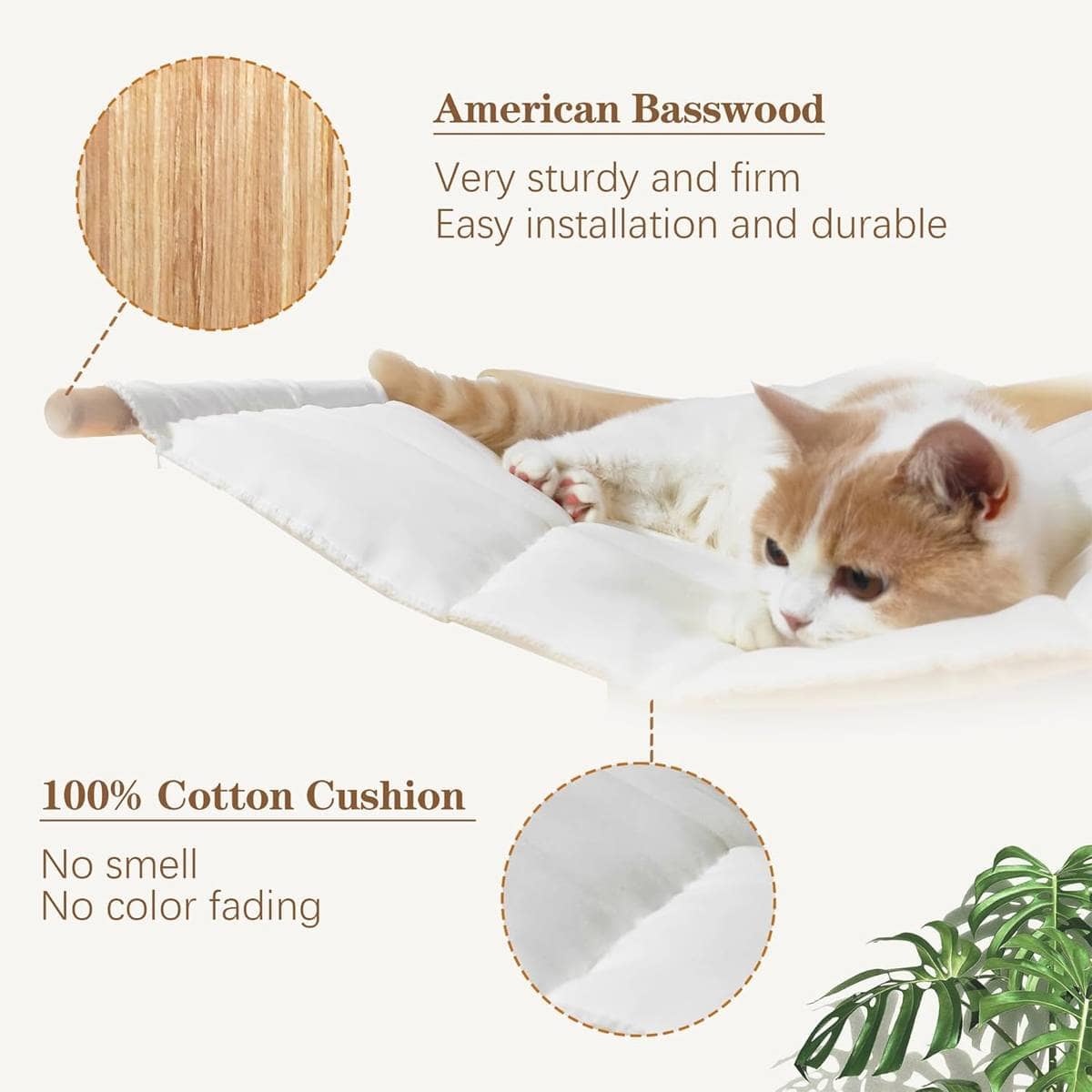 Wall Mounted Cat Hammock with Soft Fabric Sling and Natural Wood Arms - view 4