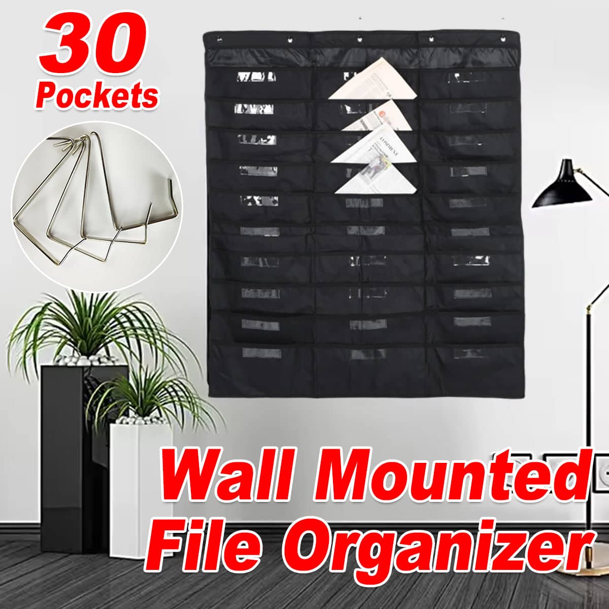 Wall Mounted File Organiser Hanging Bag with 30 Pockets Oxford Cloth