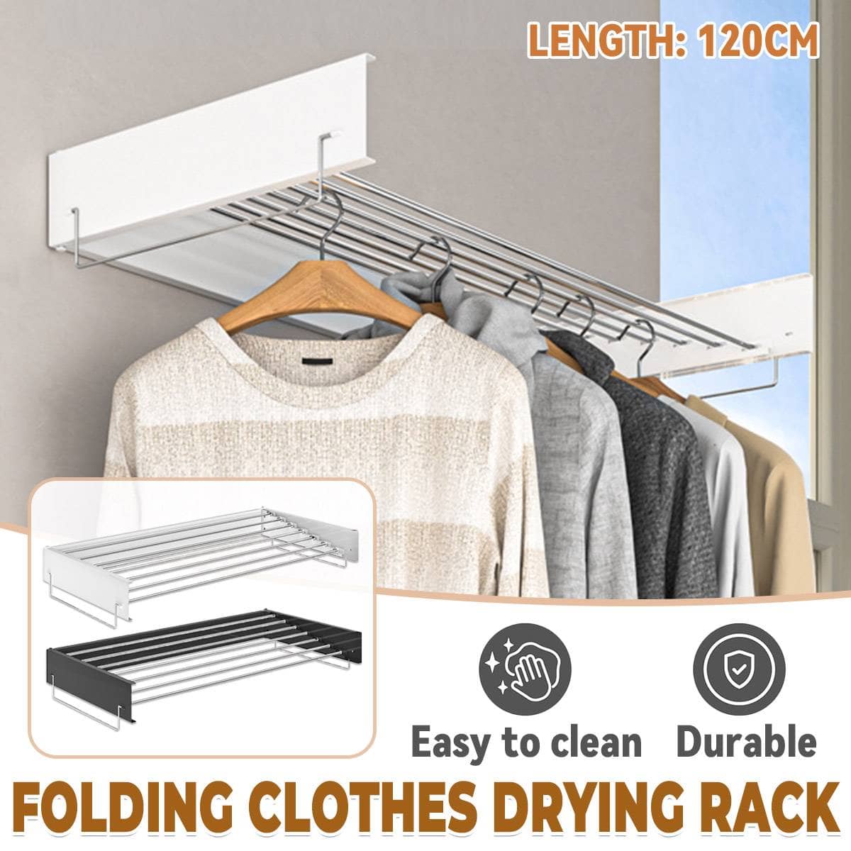 Wall Mounted Foldable Clothes Drying Rack, 120 cm - White - view 2