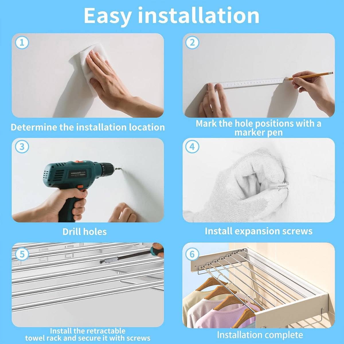 Wall Mounted Foldable Clothes Drying Rack, 120 cm - White - view 5
