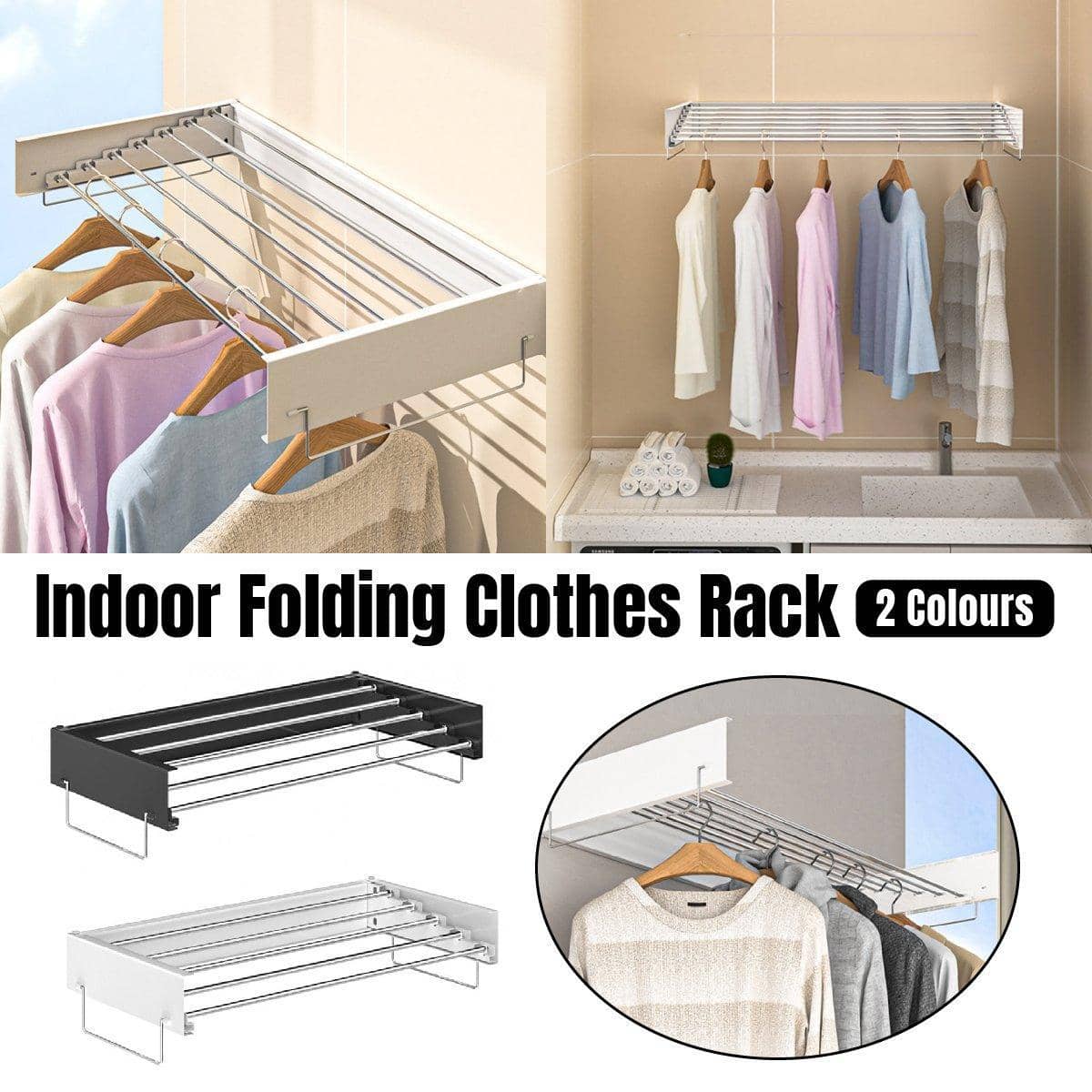 Wall Mounted Foldable Clothes Drying Rack, Aluminium Alloy - Black - view 2