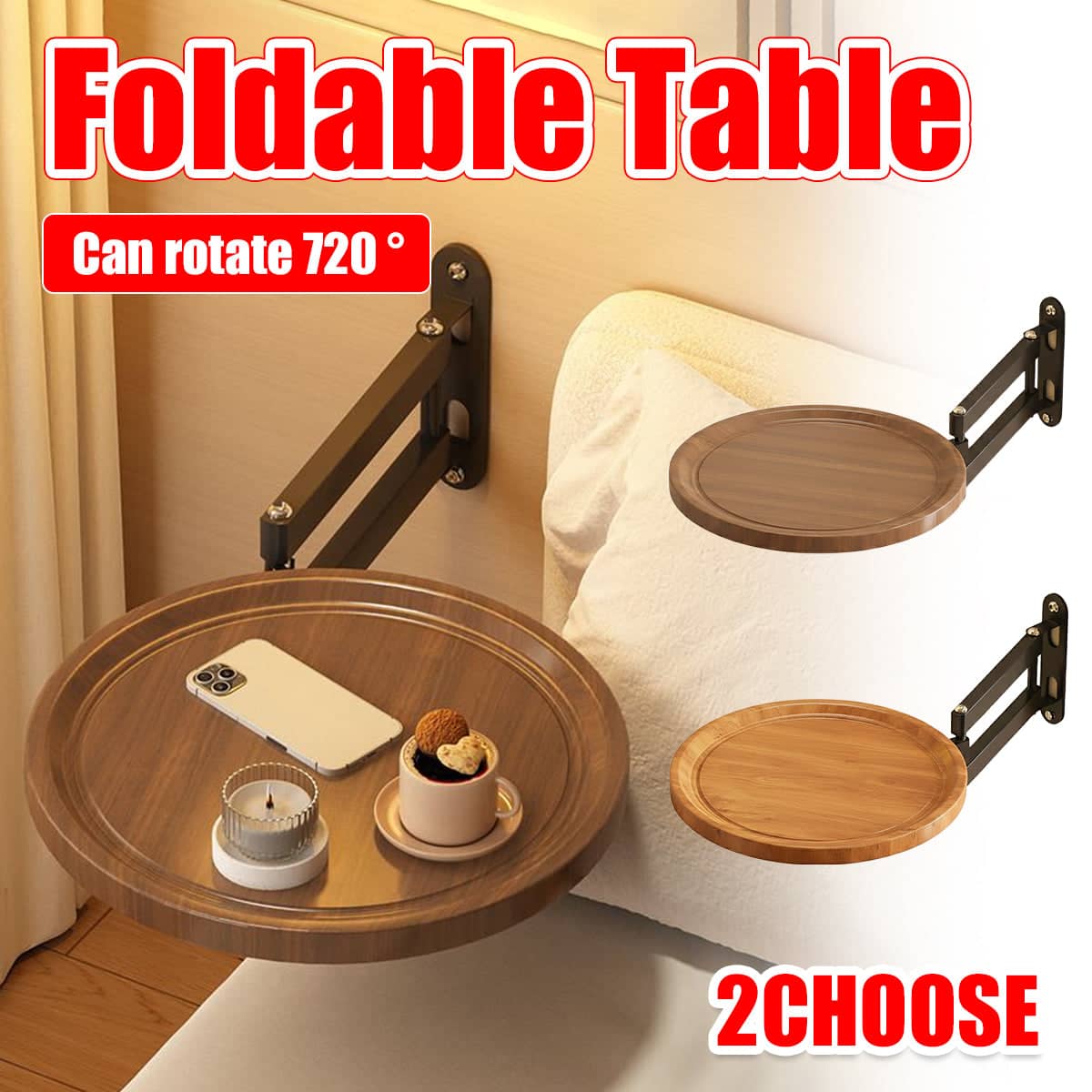Wall-Mounted Foldable Rotating Table for Kitchen and Bathroom - Natural Wood - view 2