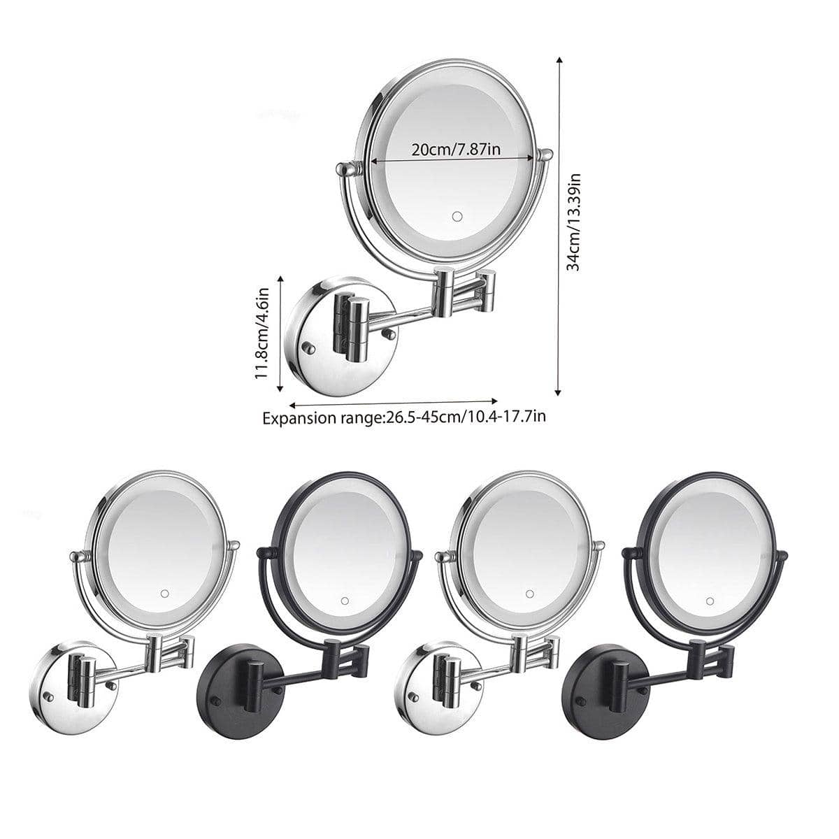 Wall Mounted Folding Makeup Mirror with 5 Times Magnification and LED Light - Plug-In, Black - view 4