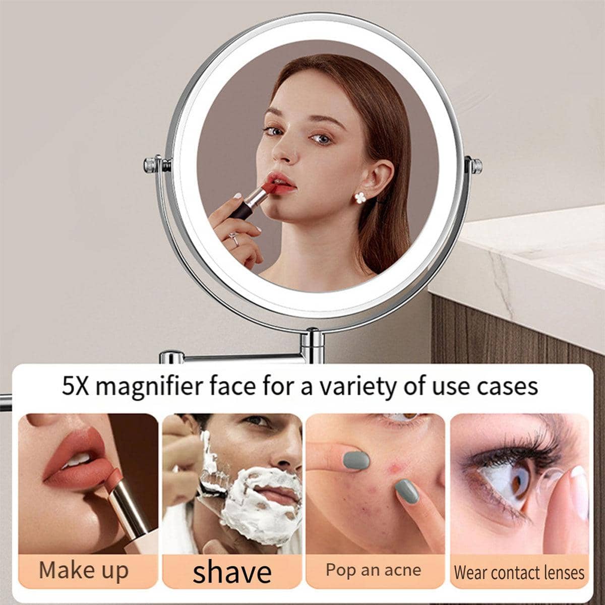 Wall Mounted Folding Makeup Mirror with 5 Times Magnification and LED Light - Plug-In, Black - view 5