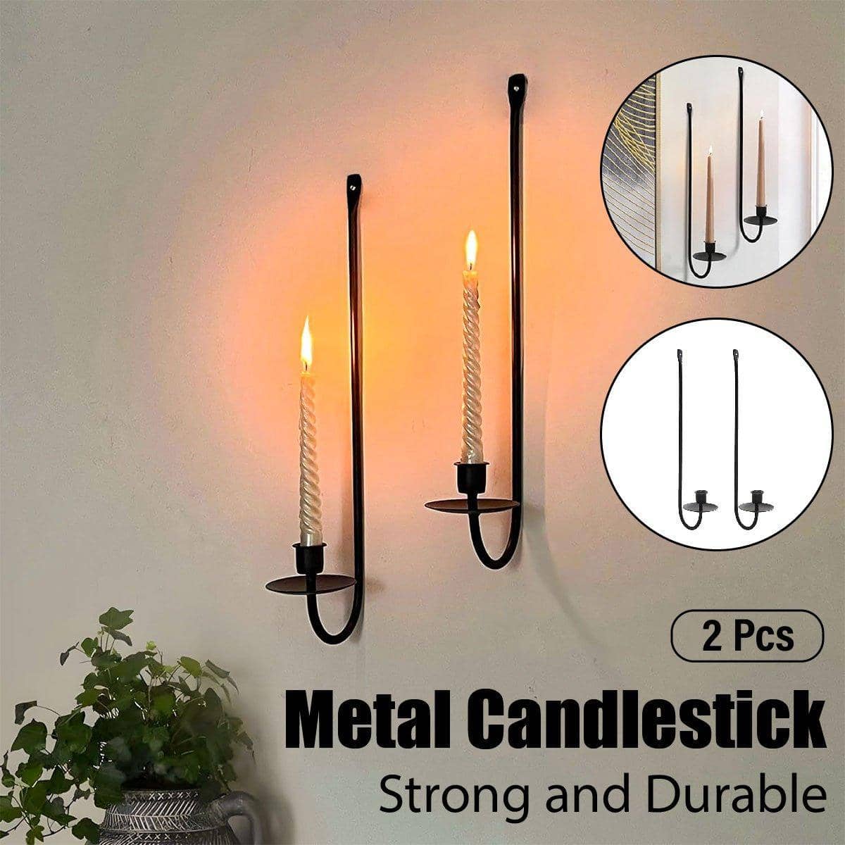 Wall Mounted Iron Candlestick Holders for Slender Candles - Black, Set of 2