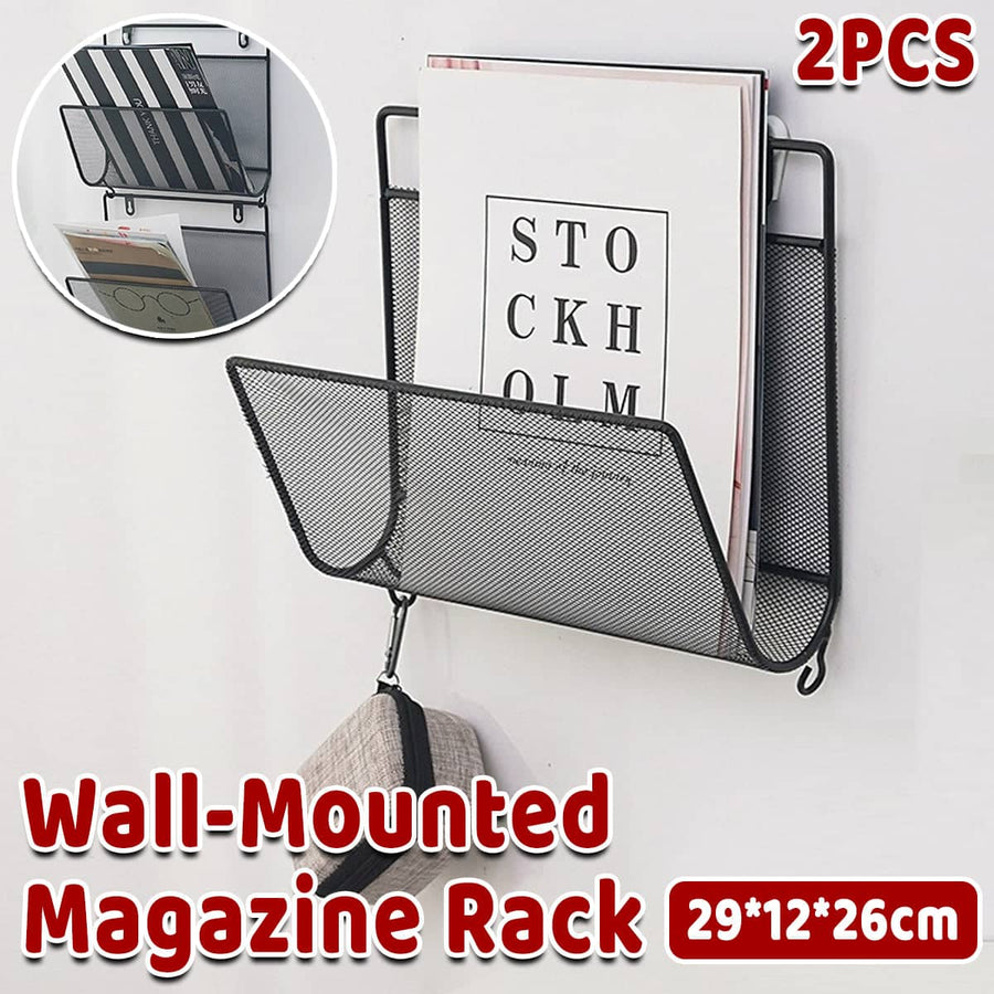 Wall Mounted Magazine Rack Black Iron Organiser for Books and Mail, Set of 2