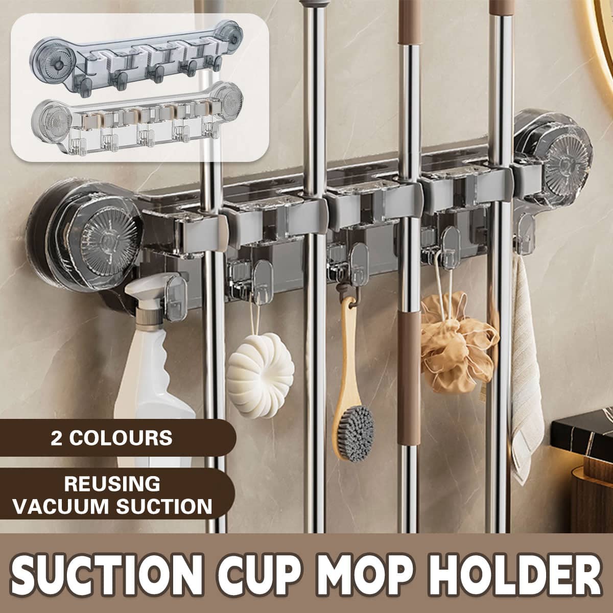 Wall Mounted Mop Rack with Suction Cups and Hooks - Clear - view 2