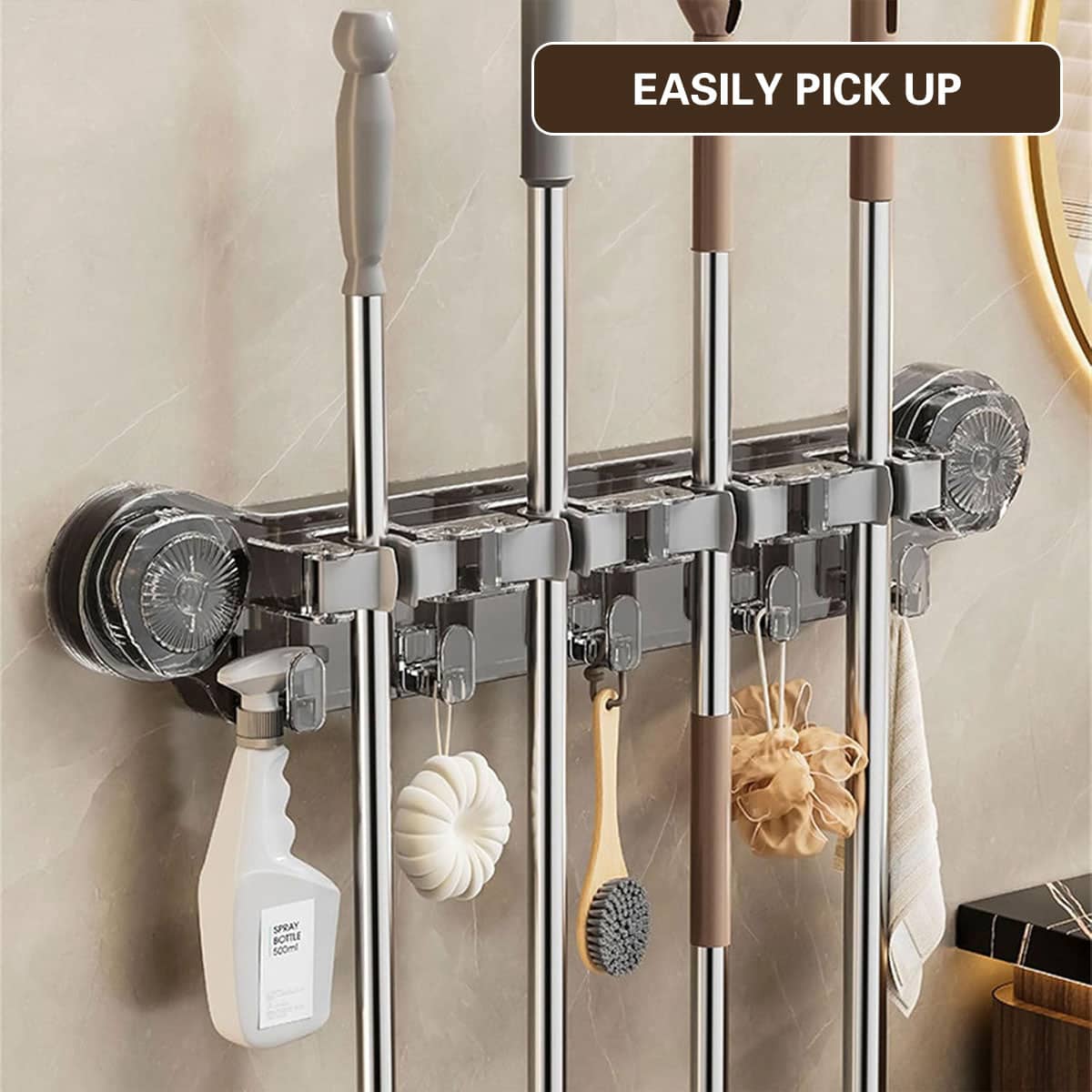 Wall Mounted Mop Rack with Suction Cups and Hooks - Clear - view 5