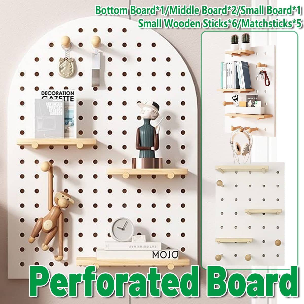 Wall Mounted Pegboard Storage Shelf, Square Display Rack with Wooden Hooks, 60 x 40 cm - view 2